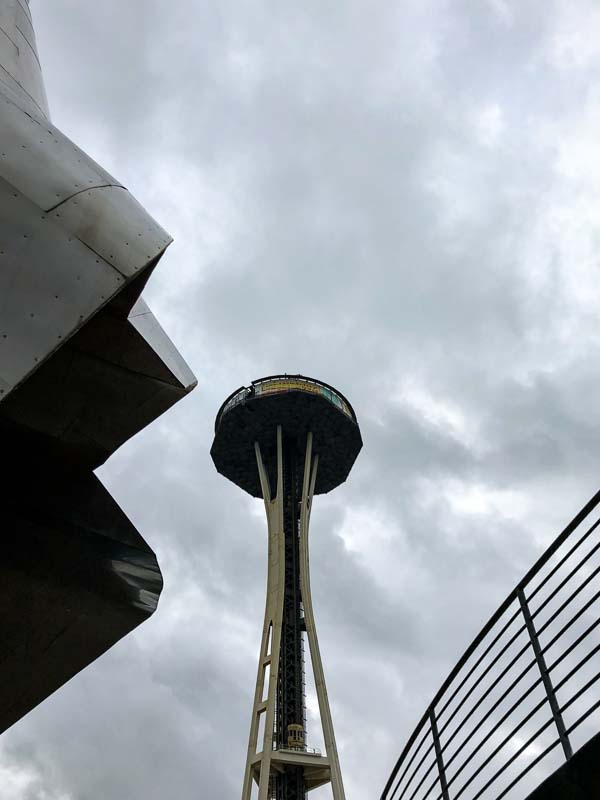Looking up at the space needle in Seattle, Washington