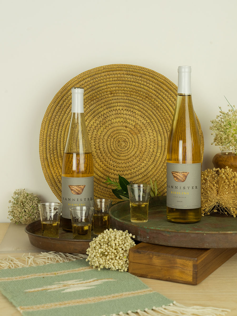 Bannister wines riesling photographed beautifully amongst baskets and flowers