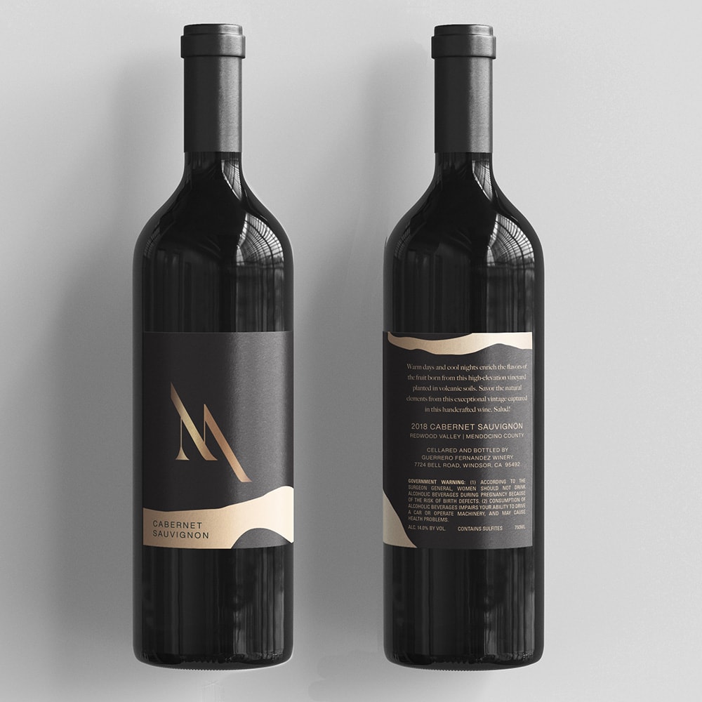 A photograph of the M label Wine Packaging