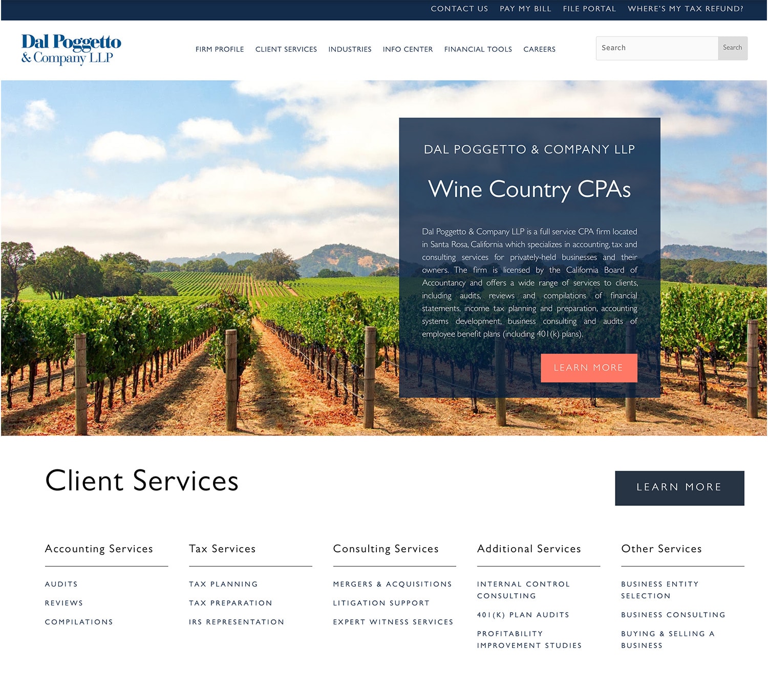 Professional and sleek design of the Dal Poggetto Accounting website as featured on Limantour Design Studio's portfolio, highlighting our expertise in creating user-friendly, visually engaging, and informative accounting website designs that enhance client engagement and brand credibility.