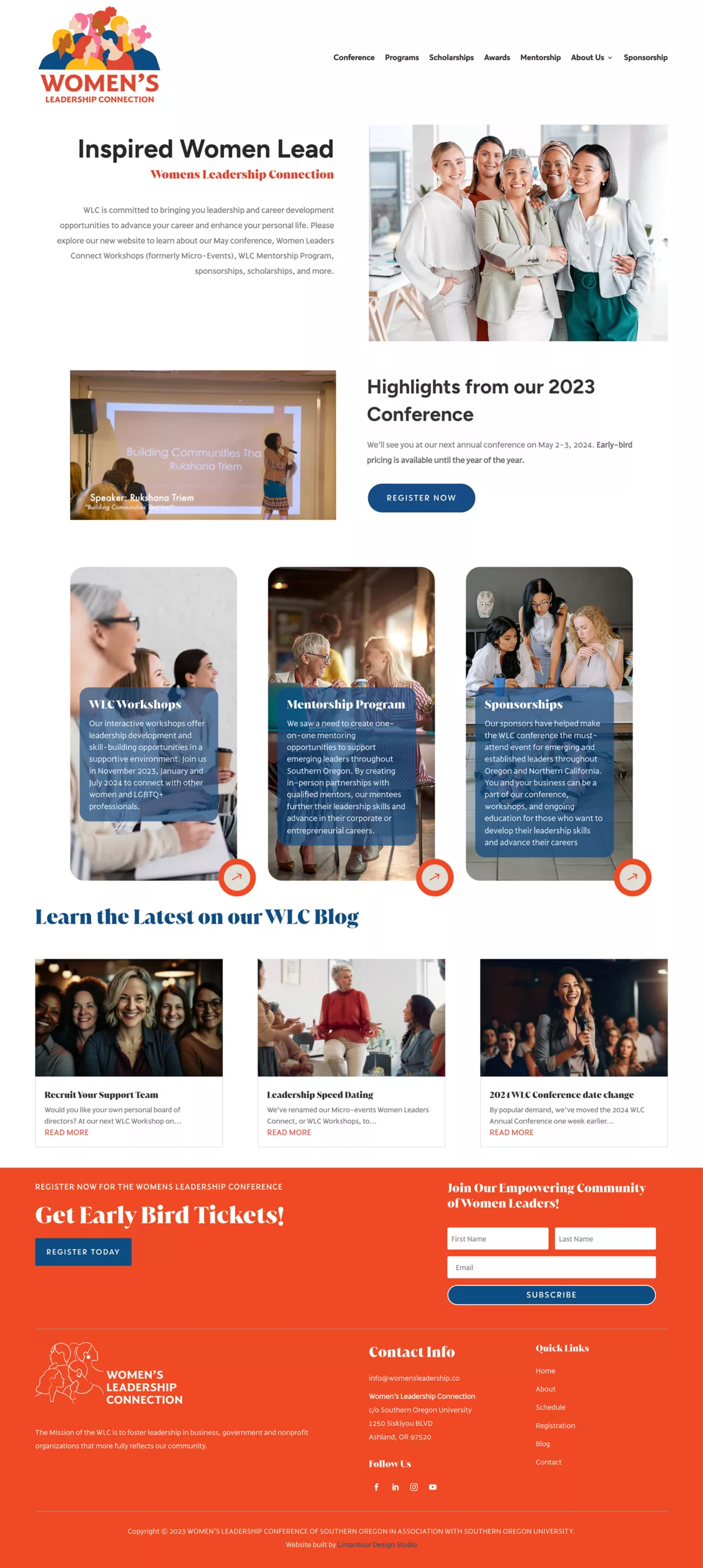 Screenshot of the Women's Leadership Connection website homepage, showcasing their mission statement and upcoming events for empowering women leaders, with a clean, professional design and easy-to-navigate layout.